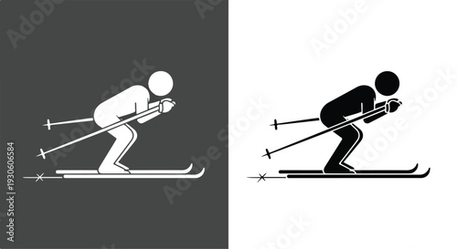 A graphic illustration of two skiers in white and black silhouettes, leaning forward with ski poles, on a contrasting dark and light background.