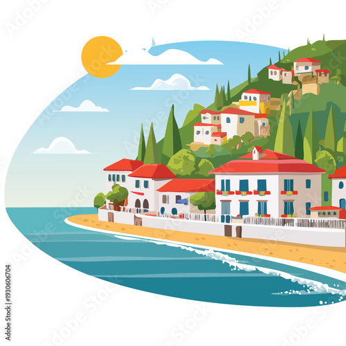 Coastal village illustration with hillside homes and seascape