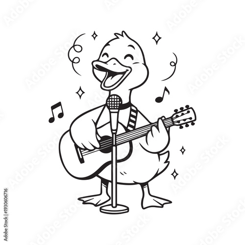 Funny duck playing acoustic guitar and singing into a microphone. Cute bird musician doodle sketch. Black and white line art vector illustration with text It's me hi.
