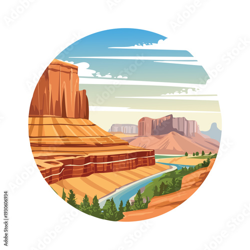 Desert canyon landscape illustration in a circular design
