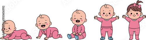 Cute cartoon baby growth stages from crawling to standing toddler, child development milestone illustration isolated on white background