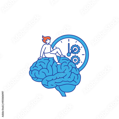Person sitting on a brain with clock gears symbolizing time management and mental focus.