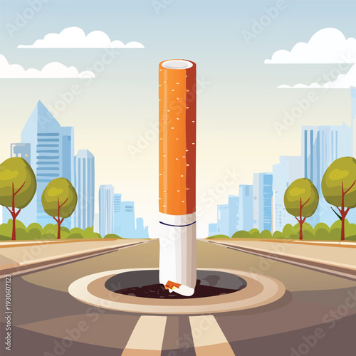 Cigarette butt in an open manhole on city street