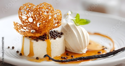 Rare culinary gem island of Runion surface elegant Parisian restaurant boasting exotically flavored dessert crafted rare vanilla of Comores Islands caramelized lotus seed clean professional stock