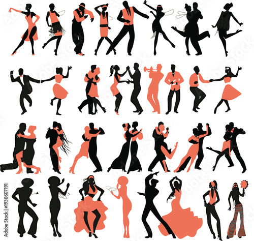 Silhouettes of diverse people dancing in various styles and outfits
