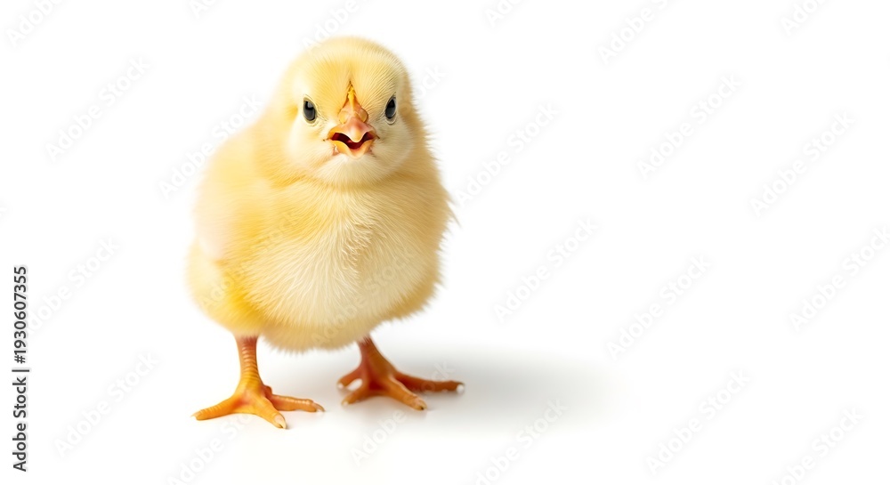 Fototapeta premium Cute yellow chick standing on white background looking directly