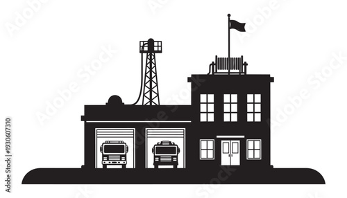 Fire station building silhouette with fire trucks vector illustration and tower in minimalist style