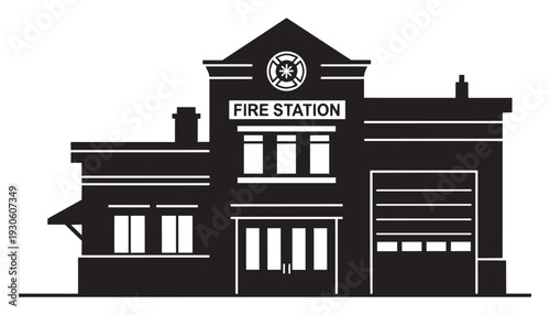 Fire station architecture silhouette with fire emblem and signage vector illustration design element