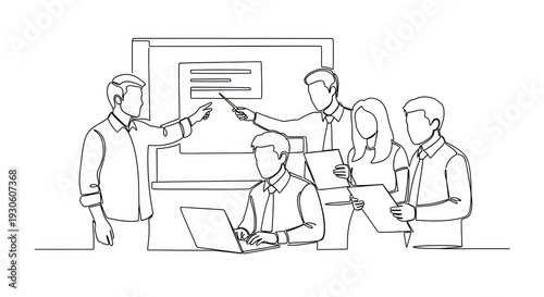 Business meeting illustration, teamwork, presentation, learning, office work, line art