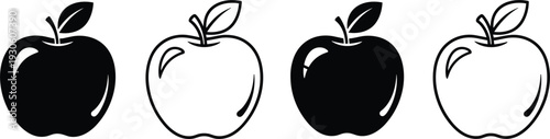 Black and white apple fruit icon set, healthy eating symbols, organic food signs, fresh fruit silhouettes isolated on white background,