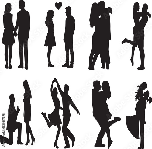 Silhouettes of couples in various romantic and affectionate poses