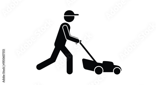 Black silhouette of a man pushing a lawn mower on a white background with a simple graphic style.