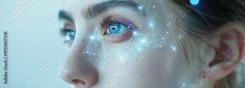 Vivid Gaze of Technology: An up-close view reveals a person's striking blue eye, enhanced with the essence of advanced technology. It's a glimpse into the future of human connection.