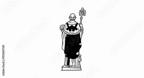 Stylized illustration of a robed figure holding a staff and fan