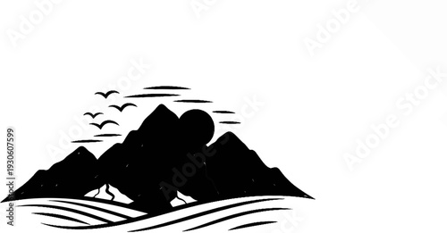 Stylized black silhouette of mountains, sun, birds, and wavy land