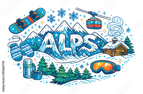 Winter alps mountain resort concept with snowboarding icons, cabin, gondola and goggles for poster, banner, flyer and travel background design