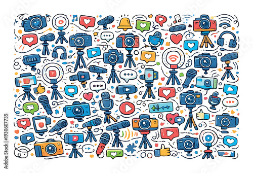 Social media content creator equipment seamless pattern with cameras, microphones, ring lights and icons for background, banner, website and poster design
