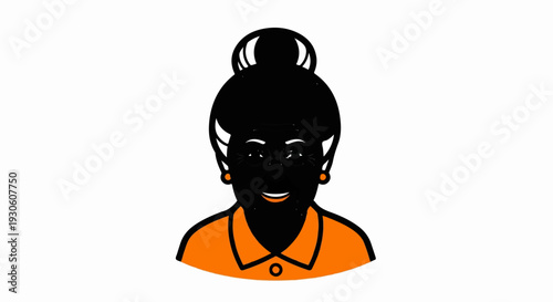 Stylized illustration of a smiling elderly woman with dark hair in a bun