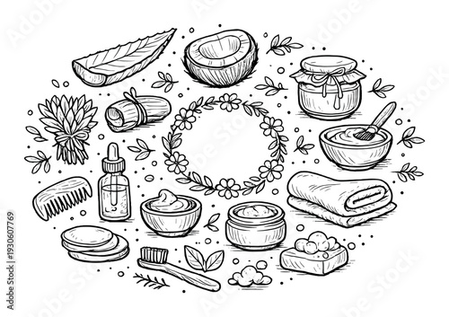Natural skincare and spa ingredient doodle set with coconut oil jars cream and herbs for label packaging and background design