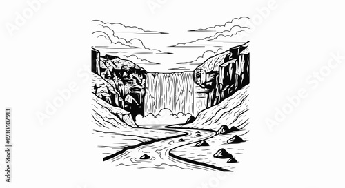 Stylized landscape with waterfall, river, cliffs, and clouds