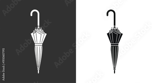 Two umbrellas, one white and one black, against contrasting black and white backgrounds, showcasing their metal frames and handles.