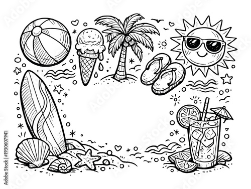 Summer beach doodle frame with surfboard sun palm sandals ice cream and tropical drink for summer holiday card design banner background