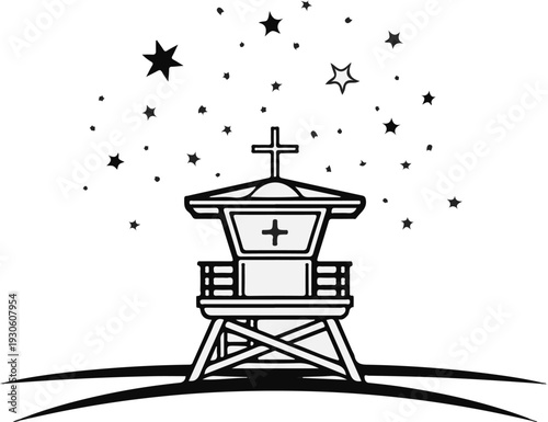 Stylized lifeguard tower under a starry sky