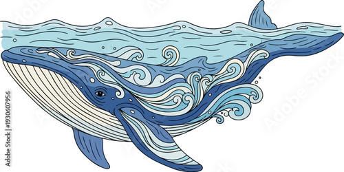 Stylized blue whale breaching through swirling ocean waves, with detailed patterns