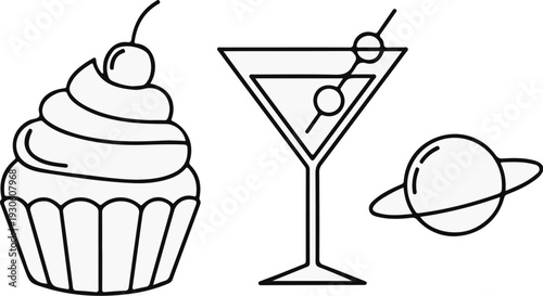 Stylized line art a frosted cupcake, a martini glass, and a planet with rings