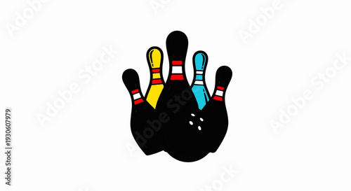 Stylized bowling pins in black with colorful accents on white background