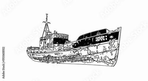 Stylized illustration of a weathered vessel with detailed hull and superstructure
