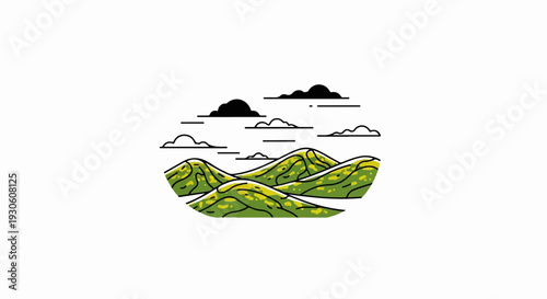 Stylized green rolling hills with yellow flowers under a cloudy sky
