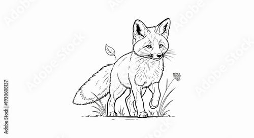 Stylized line drawing of a fox standing in grass with a flower