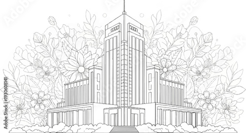 Stylized building facade with flanking floral arrangements and foreground foliage