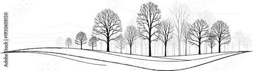 Stylized line art depicts a wintry forest with bare trees and rolling hills