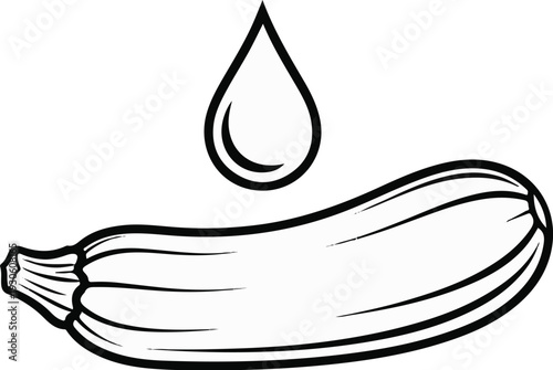 Stylized line art depicts a zucchini with a drop of liquid above it