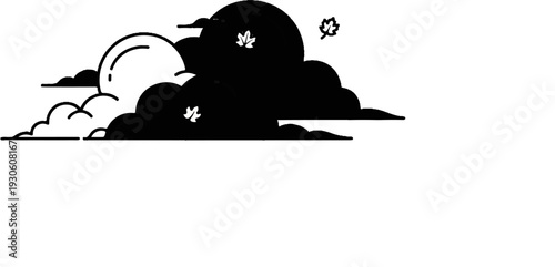 Stylized cloudy sky with a crescent moon and falling leaves