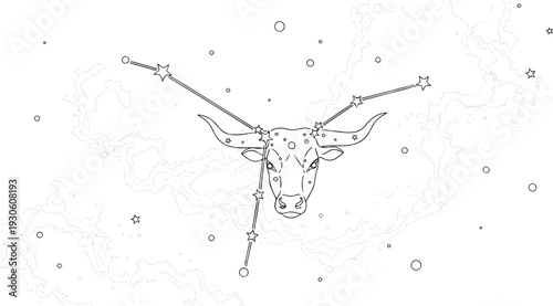 Stylized bull head with star constellation on a topographic map