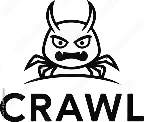 Stylized cartoon creature with sharp teeth and horns above bold text