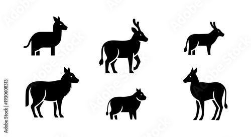 Set of six silhouettes of deer and other animals in various poses, representing wildlife and nature