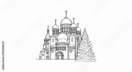 Stylized line drawing of a grand orthodox cathedral with a Christmas tree