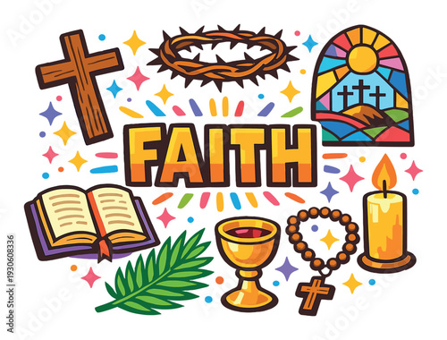 Faith religious symbols composition with cross chalice bible rosary palm candle and stained glass for design, card, poster, background