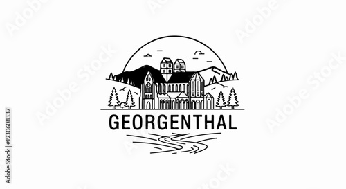 Stylized line art logo depicting a historic building with mountains and a river