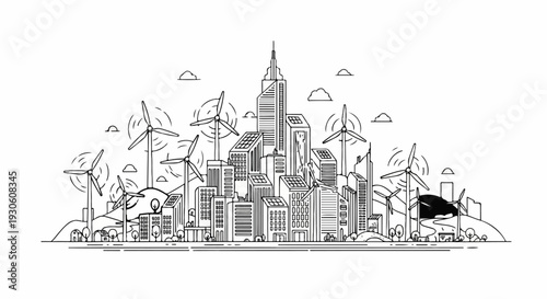 Stylized line art cityscape with wind turbines and solar panels