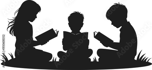Three children silhouetted sitting on grass reading books with focused expressions in a peaceful outdoor setting