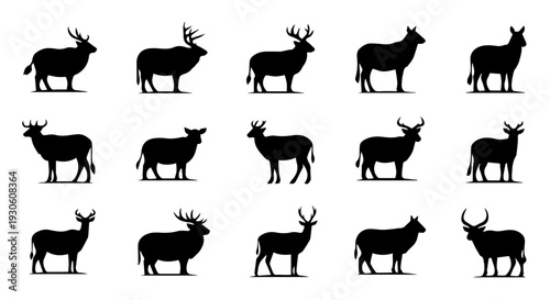 A collection of diverse deer silhouettes, showcasing various breeds and poses in a clean, graphic style, perfect for design and illustration projects