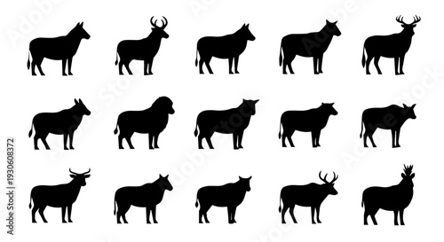 Collection of Silhouettes of Various Farm Animals Including Cows, Sheep, and Deer