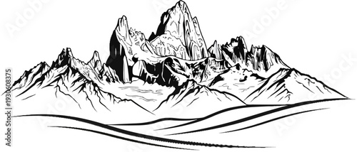 Stylized drawing of sharp, rugged mountain peaks under a white sky with rolling hills