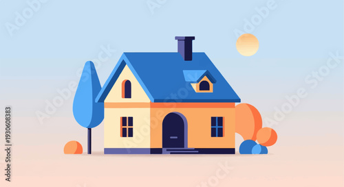 Stylized illustration of a yellow house with blue roof, chimney, and tree