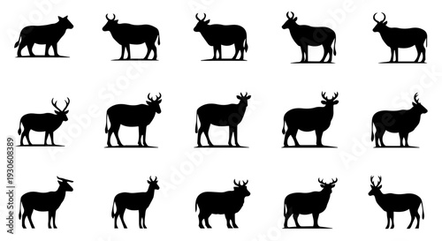 Collection of Silhouettes of Various Animals Including Deer and Cattle with Antlers and Horns